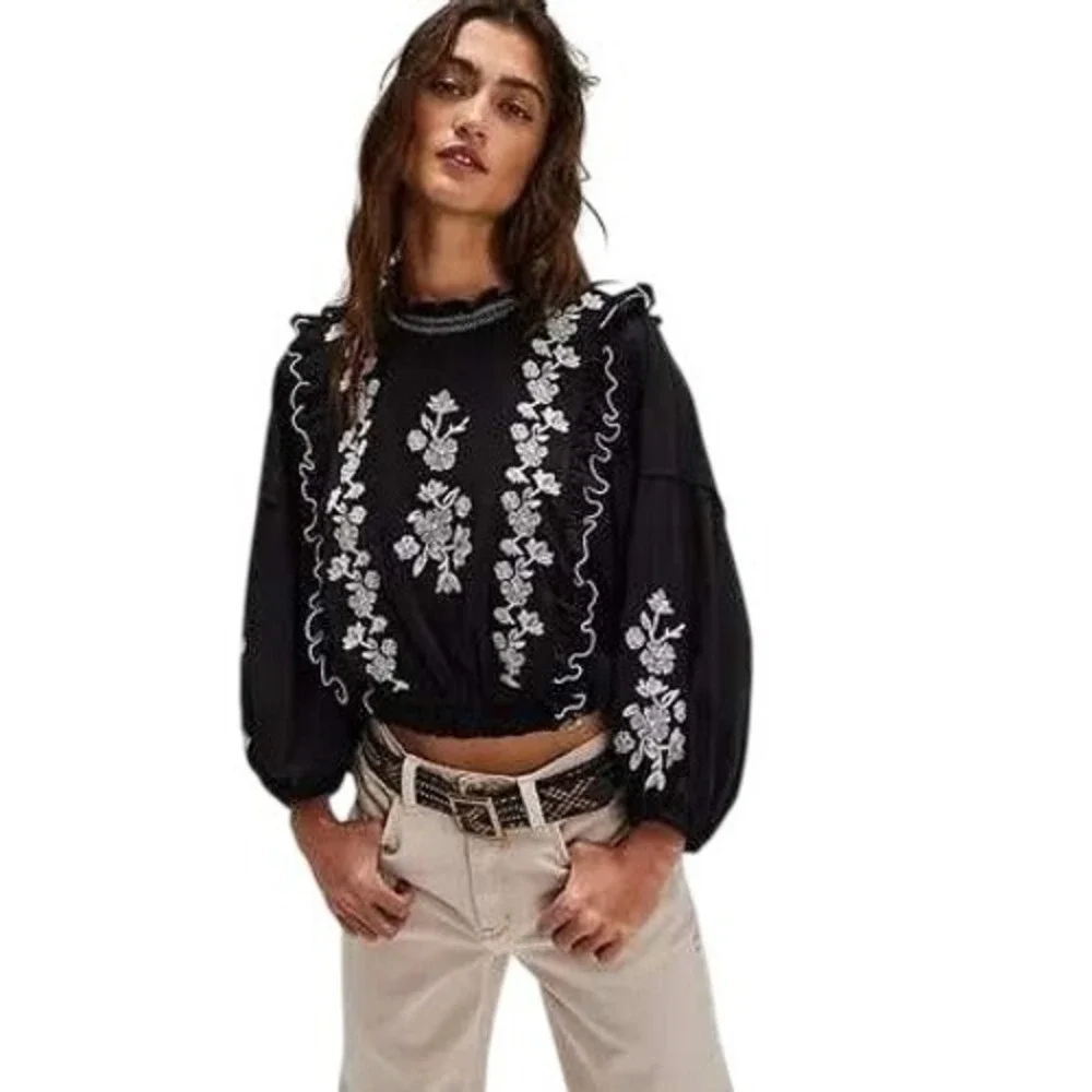 Free People Embroider Me Top Ruffle Balloon Sleeve Blouse Black XS